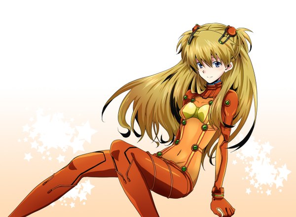 Anime picture 1295x950 with neon genesis evangelion gainax soryu asuka langley natsu (360c) long hair simple background brown hair white background girl hair ornament bodysuit hairpin (hairpins) pilot suit