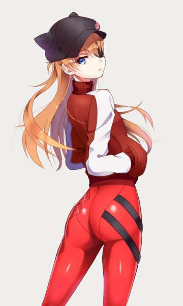 Anime picture 600x1000 with neon genesis evangelion rebuild of evangelion evangelion: 3.0 you can (not) redo gainax soryu asuka langley you06 single long hair tall image looking at viewer blue eyes simple background orange hair grey background hands in pockets girl jacket eyepatch flat cap pilot suit
