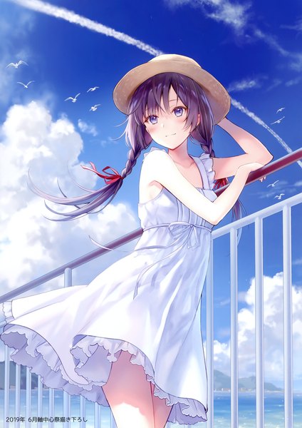 Anime picture 1654x2339 with original fukahire (ruinon) single long hair tall image looking at viewer blush fringe smile hair between eyes standing purple eyes bare shoulders payot sky purple hair cloud (clouds) outdoors braid (braids) arm up