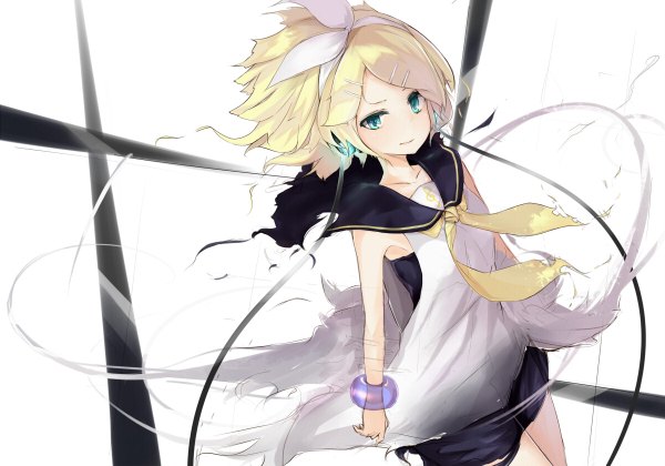 Anime picture 1200x840 with vocaloid kagamine rin kojiki-life single looking at viewer short hair blue eyes blonde hair dutch angle sleeveless girl hair ornament bow hair bow hairclip headphones sailor suit wire (wires)