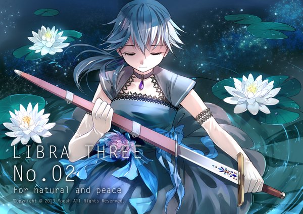 Anime picture 3507x2480 with original yoeah (artist) single long hair highres absurdres silver hair eyes closed girl dress gloves flower (flowers) weapon sword elbow gloves pendant water lily