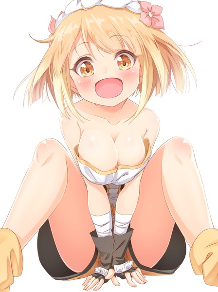 Anime picture 780x1045 with endro! fai fai matokechi single tall image looking at viewer blush fringe short hair breasts open mouth light erotic simple background blonde hair smile large breasts white background sitting bare shoulders yellow eyes