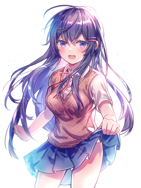 Anime picture 675x900 with doki doki literature club yuri (doki doki literature club) aicedrop single long hair tall image looking at viewer blush fringe open mouth light erotic simple background smile hair between eyes standing white background purple eyes holding signed purple hair