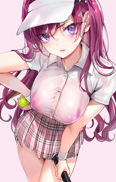 Anime picture 1000x1570 with original nekometaru single long hair tall image looking at viewer blush fringe open mouth light erotic simple background hair between eyes standing purple eyes holding purple hair pleated skirt short sleeves sweat hand on hip