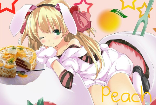Anime picture 1374x930 with tokyo mew mew studio pierrot shirayuki berry tagme (artist) single long hair blush simple background blonde hair smile green eyes one eye closed wink bunny ears pink background girl socks sweets star (symbol) white socks