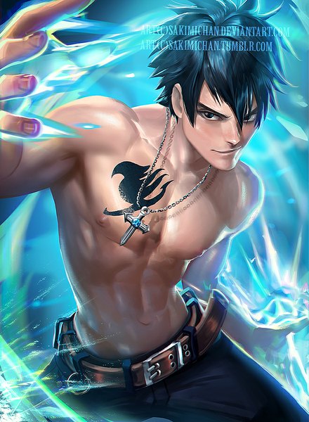 Anime picture 660x900 with fairy tail gray fullbuster sakimichan single tall image fringe blue eyes smile fingernails from above lips realistic tattoo magic watermark muscle smirk boy navel belt