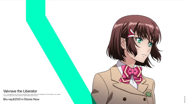 Anime picture 1920x1080 with kakumeiki valvrave sunrise (studio) sashinami shouko single fringe highres short hair simple background brown hair wide image white background green eyes looking away inscription girl uniform hair ornament bow school uniform hairclip