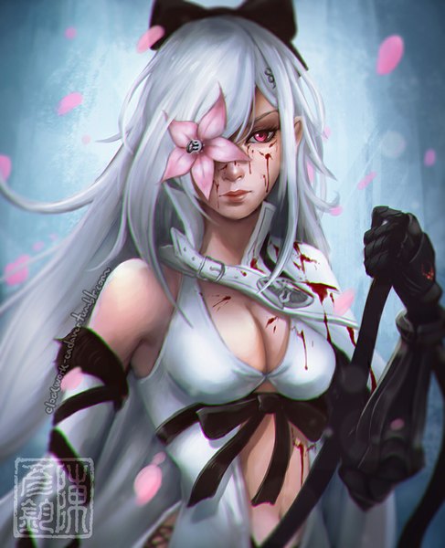 Anime picture 832x1024 with drakengard zero (drag-on dragoon) koyoriin single long hair tall image looking at viewer breasts holding cleavage silver hair pink eyes lips bloody clothes flower over eye girl gloves navel flower (flowers) bow