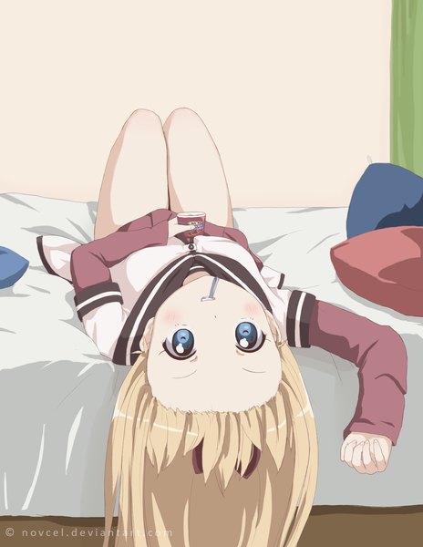 Anime picture 1200x1550 with yuru yuri doga kobo toshinou kyouko novcel single long hair tall image looking at viewer blush blue eyes blonde hair holding signed bent knee (knees) lying parted lips bare legs mouth hold girl uniform