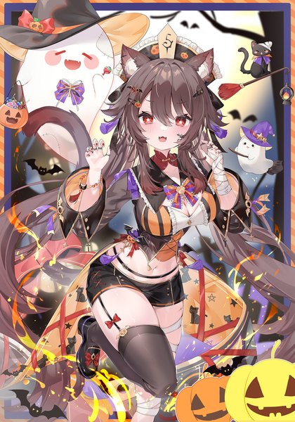 Anime picture 1486x2122 with genshin impact hu tao (genshin impact) boo tao (genshin impact) yuia single long hair tall image fringe breasts open mouth hair between eyes red eyes brown hair standing twintails cleavage nail polish :d midriff symbol-shaped pupils
