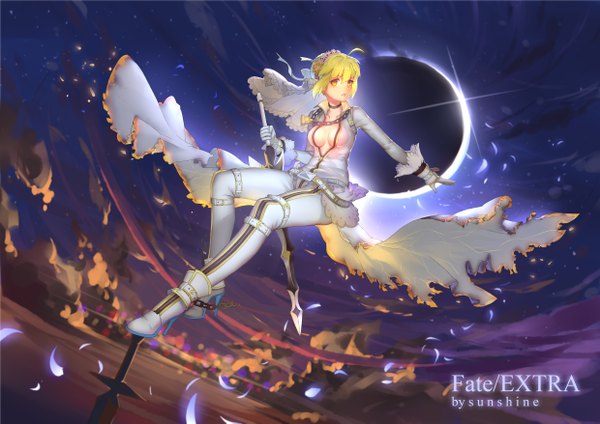 Anime picture 4960x3507 with fate (series) fate/extra fate/extra ccc nero claudius (fate) nero claudius (fate/extra) nero claudius (bride) (fate) sunshine (1638509769) single looking at viewer highres short hair light erotic blonde hair standing holding yellow eyes absurdres sky cloud (clouds) ahoge