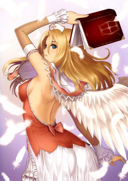 Anime picture 3284x4661 with shining (series) shining hearts rufina wyndaria tony taka single long hair tall image highres blue eyes light erotic blonde hair absurdres looking back back girl dress bow wings elbow gloves frills