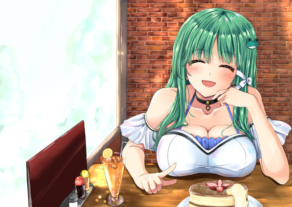 Anime picture 1125x800 with touhou kochiya sanae fule single long hair blush breasts open mouth light erotic large breasts bare shoulders cleavage indoors eyes closed green hair alternate costume ^ ^ tress ribbon girl hair ornament
