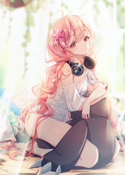 Anime picture 744x1042 with red: pride of eden evante (pride of eden) clouble single long hair tall image looking at viewer fringe light erotic red eyes sitting pink hair full body ahoge barefoot sunlight blurry off shoulder sparkle headphones around neck