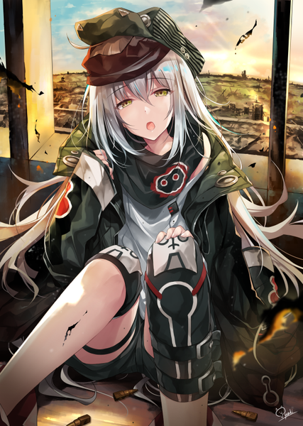 Anime picture 570x800 with girls frontline g11 (girls frontline) hirai yuzuki single long hair tall image looking at viewer blush fringe open mouth hair between eyes signed yellow eyes silver hair off shoulder open jacket hand on knee destruction girl hat