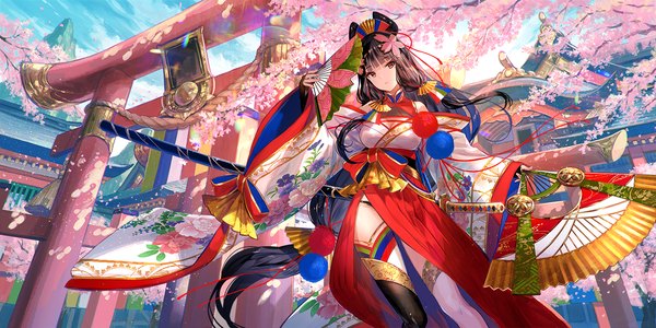 Anime picture 1500x750 with ark journey fuzichoco single long hair light erotic black hair wide image standing bare shoulders holding brown eyes sky cloud (clouds) outdoors traditional clothes head tilt japanese clothes mole wide sleeves from below