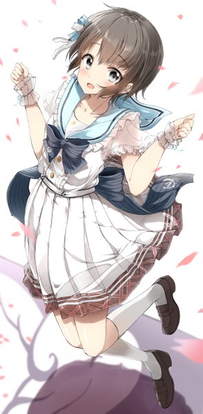 Anime picture 1218x2479 with idolmaster idolmaster cinderella girls idolmaster cinderella girls starlight stage otokura yuuki pentagon (railgun ky1206) single tall image looking at viewer blush fringe short hair open mouth simple background smile brown hair white background full body bent knee (knees) :d pleated skirt