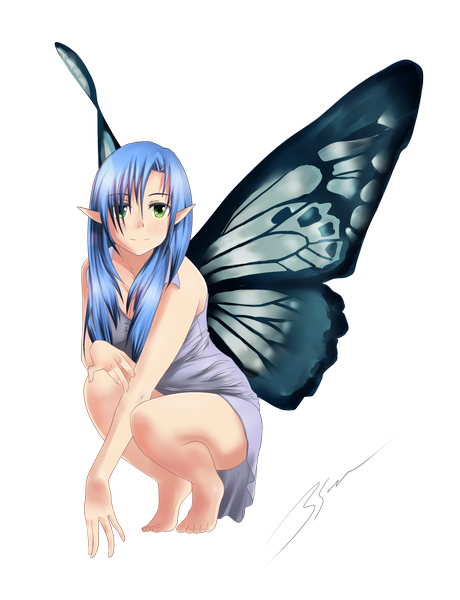 Anime picture 1500x1953 with erucyano single long hair tall image blush white background green eyes blue hair light smile pointy ears legs transparent background elf insect wings butterfly wings girl dress wings