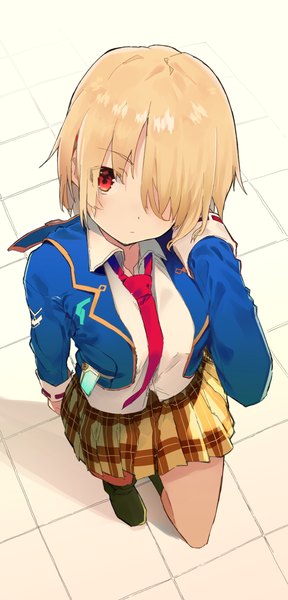Anime picture 1338x2784 with heaven burns red kayamori ruka mieharu single tall image looking at viewer fringe short hair blonde hair red eyes pleated skirt from above hair over one eye girl skirt uniform school uniform miniskirt necktie tiles