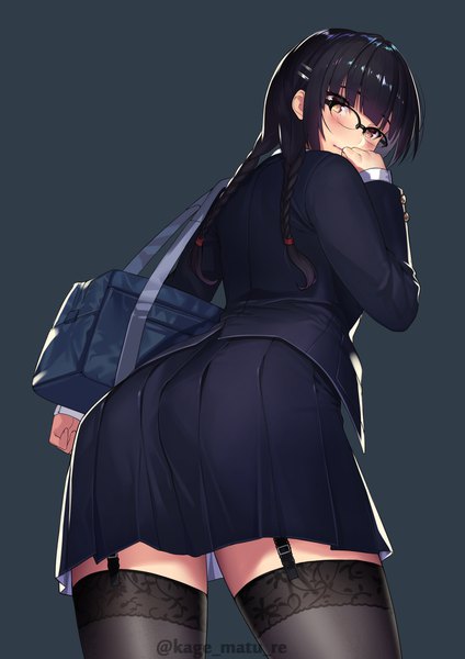 Anime picture 1447x2046 with original kagematsuri single long hair tall image looking at viewer blush fringe light erotic black hair simple background standing brown eyes signed ass blunt bangs braid (braids) pleated skirt looking back from behind