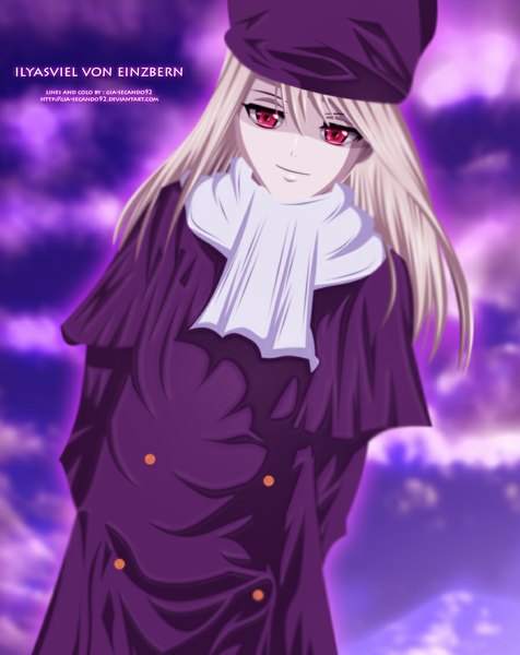 Anime picture 900x1134 with fate (series) fate/stay night studio deen type-moon illyasviel von einzbern seireiart single long hair tall image blonde hair smile red eyes inscription coloring fur hat girl hat scarf coat cap