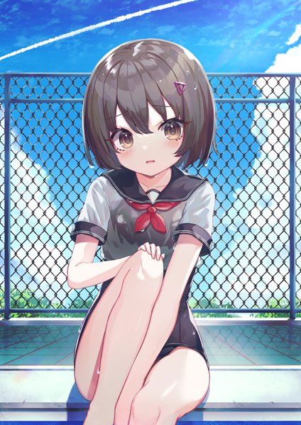 Anime picture 2894x4093 with original nam single tall image looking at viewer blush fringe highres short hair open mouth light erotic hair between eyes brown hair sitting brown eyes sky cloud (clouds) bent knee (knees) head tilt shadow