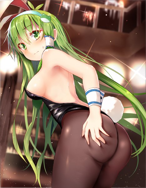 Anime picture 936x1200 with touhou kochiya sanae efe single long hair tall image looking at viewer blush fringe breasts light erotic hair between eyes standing green eyes animal ears ass tail animal tail looking back green hair