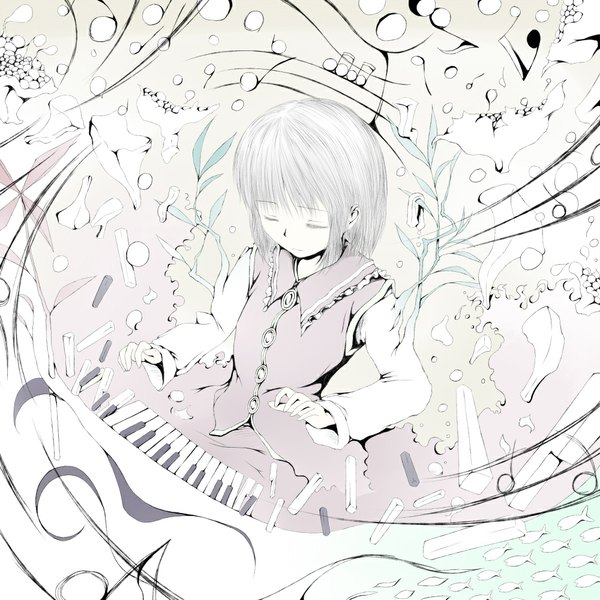 Anime picture 1000x1000 with touhou lyrica prismriver romi (artist) single short hair eyes closed destruction girl plant (plants) fish (fishes) musical note piano