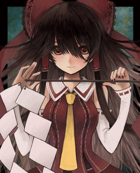 Anime picture 1211x1488 with touhou hakurei reimu monmon single long hair tall image looking at viewer black hair red eyes bare shoulders miko girl bow hair bow detached sleeves necktie gohei
