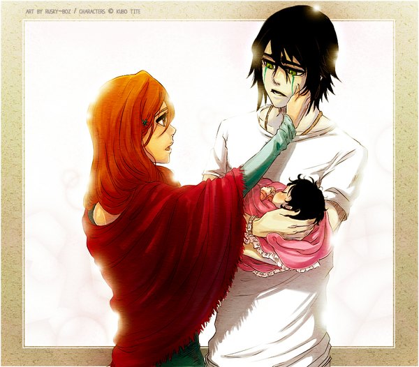 Anime picture 1000x878 with bleach studio pierrot inoue orihime ulquiorra schiffer rusky long hair short hair open mouth black hair green eyes signed orange hair orange eyes couple border outside border espada if they mated girl boy