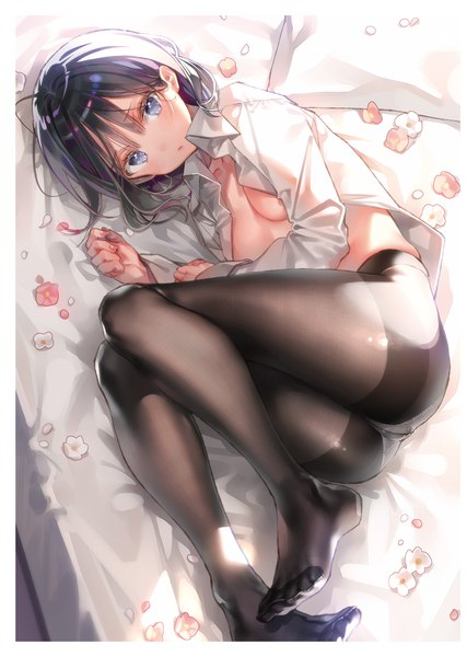 Anime picture 2278x3200 with original dsmile single long hair tall image looking at viewer blush fringe highres breasts blue eyes light erotic black hair bent knee (knees) lying long sleeves open shirt no shoes border on side