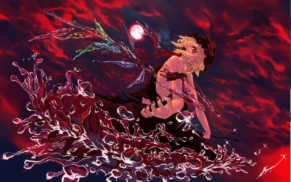 Anime picture 1344x840 with touhou flandre scarlet etna (artist) short hair open mouth blonde hair red eyes wide image cloud (clouds) red moon girl dress wings water crystal