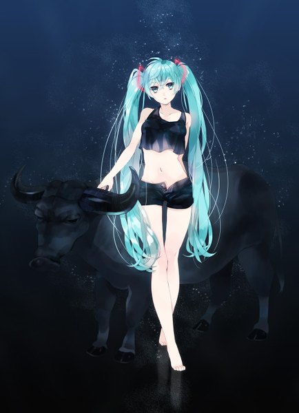 Anime picture 1000x1383 with vocaloid hatsune miku hiyama tall image twintails very long hair barefoot aqua eyes aqua hair girl navel shorts bull