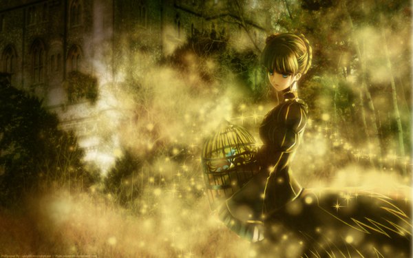 Anime picture 1920x1200 with umineko no naku koro ni beatrice highres blonde hair wide image green eyes girl dress cage