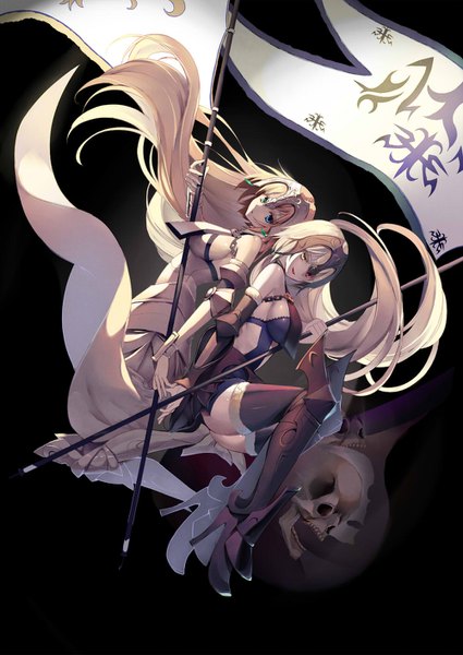 Anime picture 1000x1412 with fate (series) fate/grand order fate/apocrypha jeanne d'arc (fate) (all) jeanne d'arc alter (fate) jeanne d'arc (fate) kouyafu long hair tall image looking at viewer fringe breasts blue eyes light erotic blonde hair hair between eyes large breasts multiple girls full body bent knee (knees)