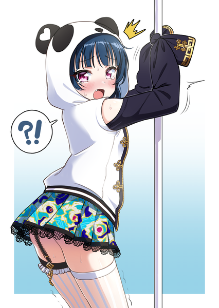 Anime picture 1240x1748 with love live! sunshine!! sunrise (studio) love live! tsushima yoshiko deadnooodles single long hair tall image looking at viewer blush open mouth light erotic simple background standing blue hair long sleeves pleated skirt pink eyes sweat tears