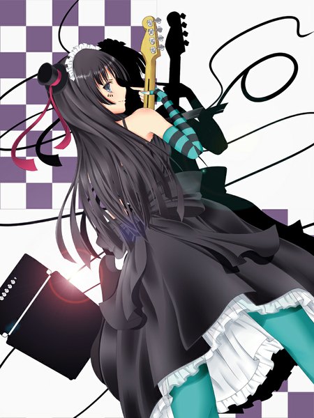 Anime picture 750x1000 with k-on! kyoto animation akiyama mio ahirun single long hair tall image blue eyes black hair looking back girl dress hat headdress fingerless gloves guitar electric guitar speakers