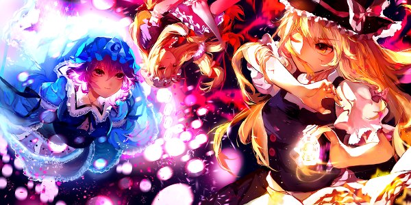 Anime picture 1200x600 with touhou kirisame marisa yakumo yukari saigyouji yuyuko kumata (pinggai) long hair blush short hair blonde hair smile red eyes wide image multiple girls yellow eyes pink hair one eye closed pink eyes wink magic flying