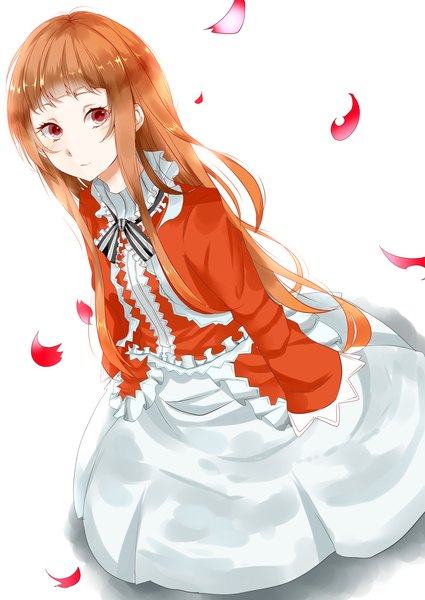 Anime picture 2507x3541 with vocaloid rea (miku miku dance) amekawa setsu single tall image blush highres simple background red eyes white background sitting orange hair girl dress petals