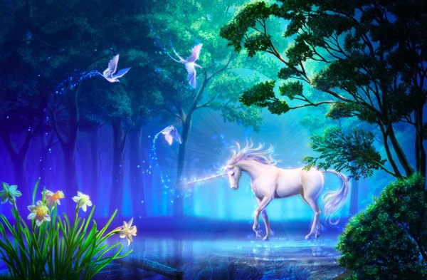 Anime picture 2000x1310 with original takashi mare highres horn (horns) light reflection landscape lake flower (flowers) plant (plants) animal tree (trees) water bird (birds) forest fireflies unicorn