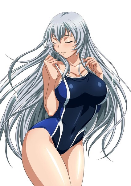 Anime picture 800x1130 with ikkitousen chouun shiryuu single tall image blush breasts light erotic simple background large breasts white background silver hair eyes closed very long hair girl swimsuit one-piece swimsuit competition swimsuit