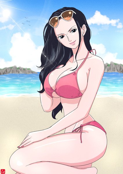 Anime picture 1448x2048 with one piece toei animation nico robin chris re5 single long hair tall image looking at viewer breasts blue eyes light erotic black hair smile large breasts signed sky cleavage cloud (clouds) outdoors nail polish