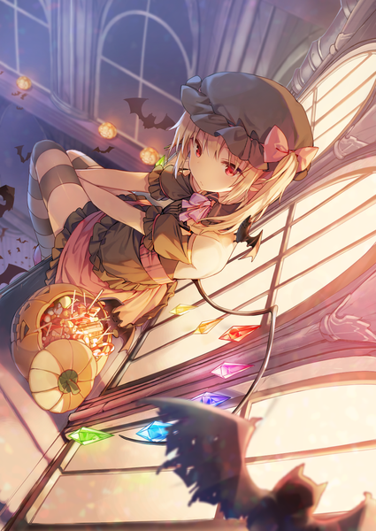 Anime picture 1000x1412 with touhou flandre scarlet shnva single tall image fringe short hair blonde hair red eyes sitting indoors head tilt from above shadow short sleeves zettai ryouiki side ponytail glowing halloween bare back