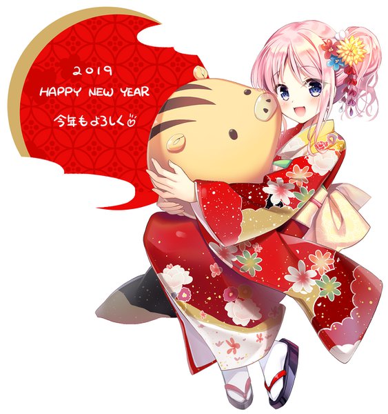 Anime picture 1200x1279 with original youta single tall image looking at viewer blush fringe short hair open mouth blue eyes simple background smile white background holding pink hair full body bent knee (knees) traditional clothes :d japanese clothes