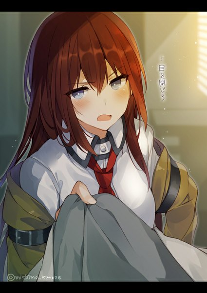Anime picture 600x847 with steins;gate white fox makise kurisu mishima kurone single long hair tall image looking at viewer blush fringe breasts open mouth holding red hair sunlight inscription grey eyes embarrassed letterboxed talking