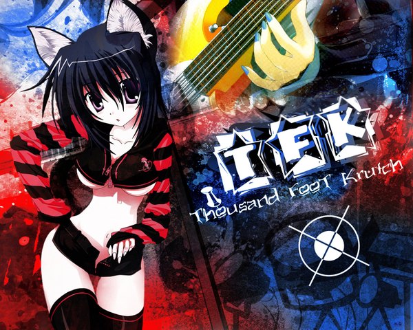Anime picture 1600x1280 with animal ears cat girl underboob girl thighhighs guitar