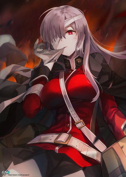 Anime picture 1080x1519 with fate (series) fate/grand order florence nightingale (fate) kyjsogom single long hair tall image looking at viewer fringe breasts red eyes large breasts standing pink hair hair over one eye watermark clothes on shoulders injury adjusting clothes bandage over one eye