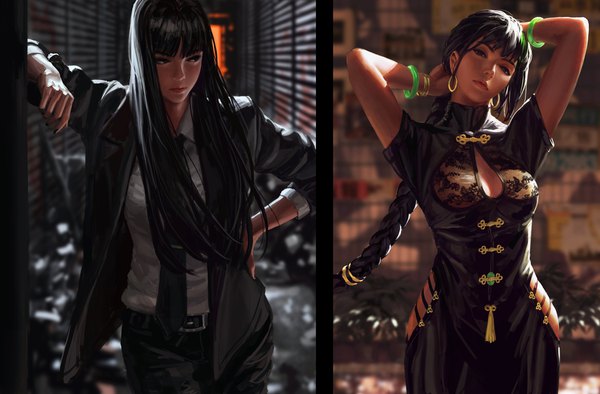 Anime picture 4096x2696 with original guweiz long hair looking at viewer fringe highres black hair standing multiple girls brown eyes payot looking away absurdres cleavage indoors blunt bangs braid (braids) nail polish traditional clothes fingernails