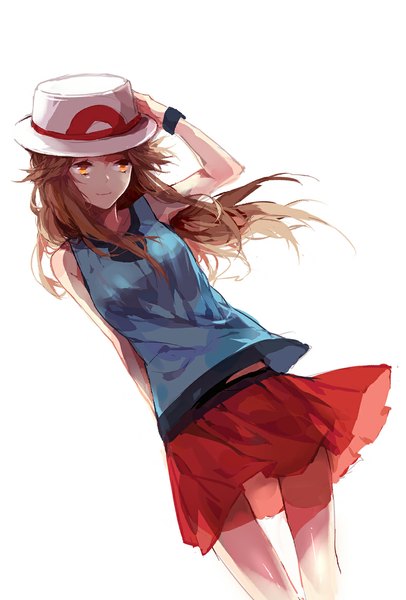 Anime picture 800x1180 with pokemon nintendo blue (pokemon) imi fumei single long hair tall image simple background smile brown hair standing white background bare shoulders yellow eyes looking away wind hand on head girl skirt hat