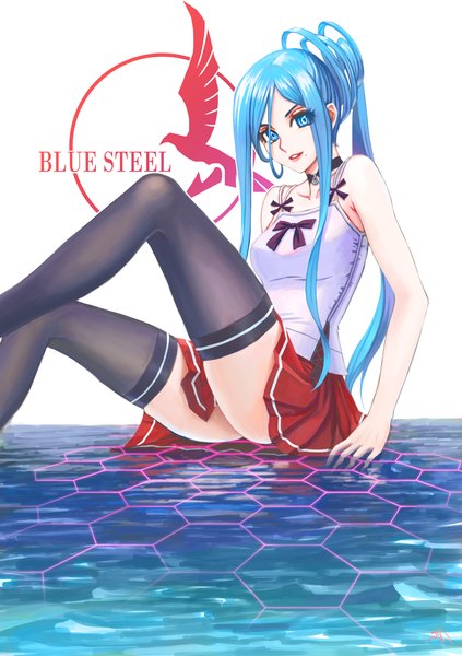 Anime picture 1748x2480 with aoki hagane no arpeggio takao (aoki hagane no arpeggio) darkmuleth single long hair tall image looking at viewer highres blue eyes blue hair ponytail girl thighhighs skirt black thighhighs water